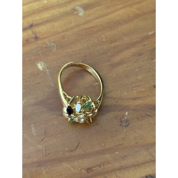 Vintage Gold Tone Ring Costume Jade Onyx Tiger Eye Coral Cubic Zirconia - Picture 5 of 10